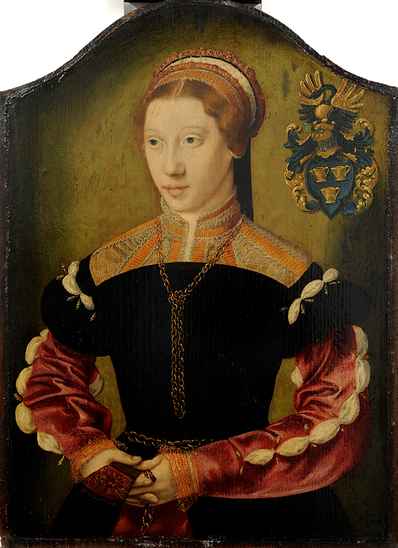 Porträttmålning av kvinna i fin 1500-talsdräkt och en halsbandskedja.