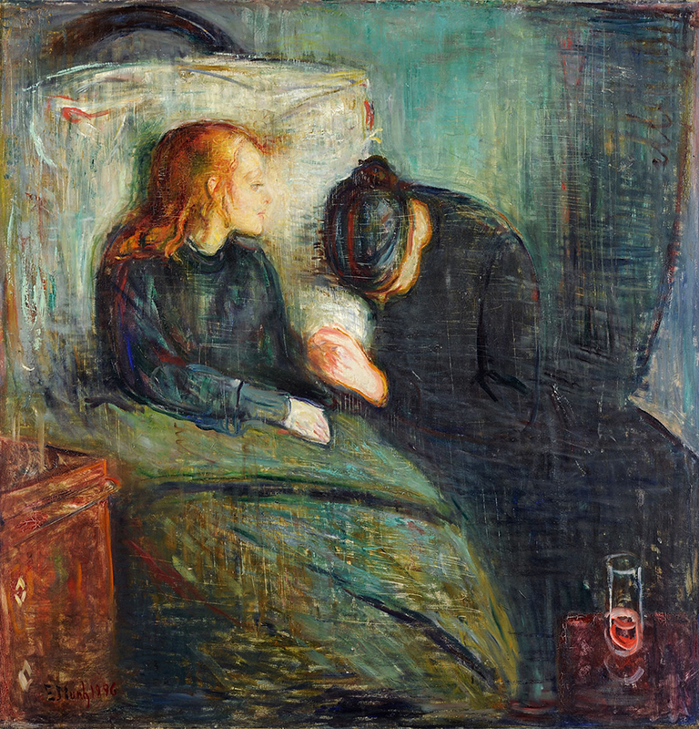 Oljemålning med en sjuk kvinna som sitter upp i sin säng och en sörjande person intill.