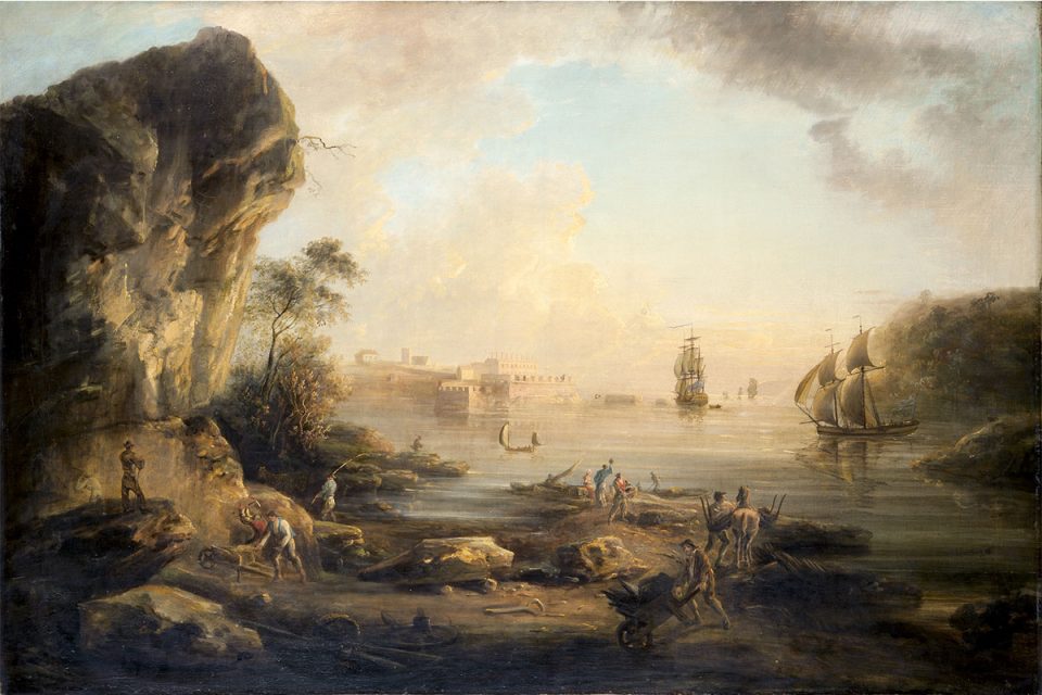 Målning av ett landskap där flera människor arbetar. En klippa i förgrunden, ett palats och två skepp i bakgrunden.