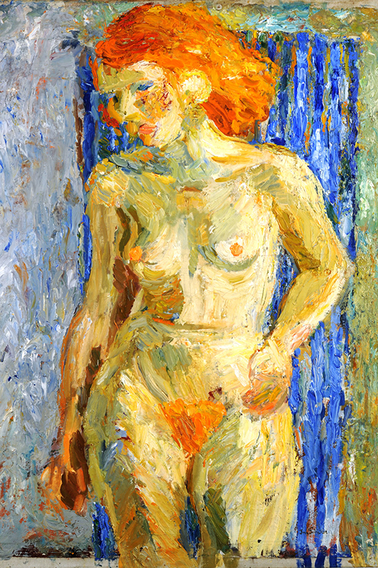 Oljemålning av naken kvinna i närbild, rött hår, blå bakgrund. Grova penseldrag och tjocka färglager.