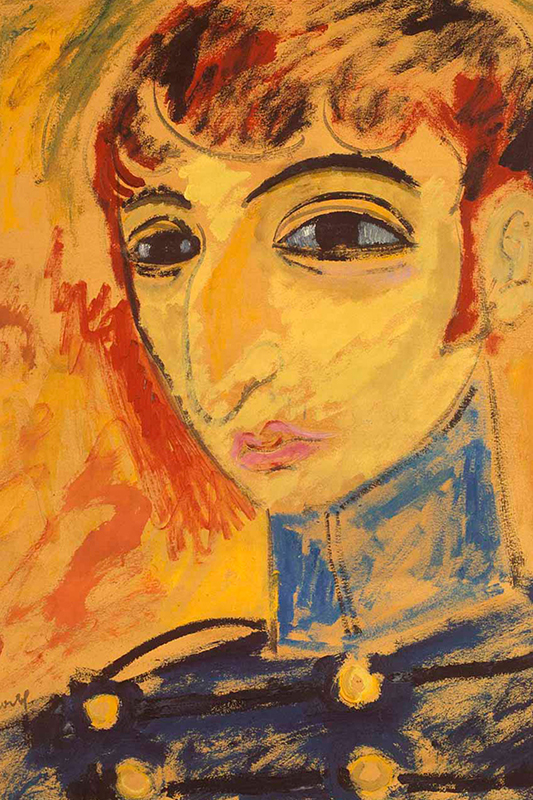 Självporträtt av Isaac Grünewald, i starka gulröda färger. Skissartad stil med överdrivna ansiktsdrag.