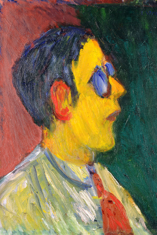 Självporträtt av Ivan Ivarson i profil med starka färger. Ansiktet är gult och han har blå glasögon.