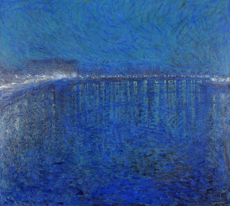 Målning enbart i blå nyanser av utsikt över vatten och himmel i skymningstid under den blå timmen