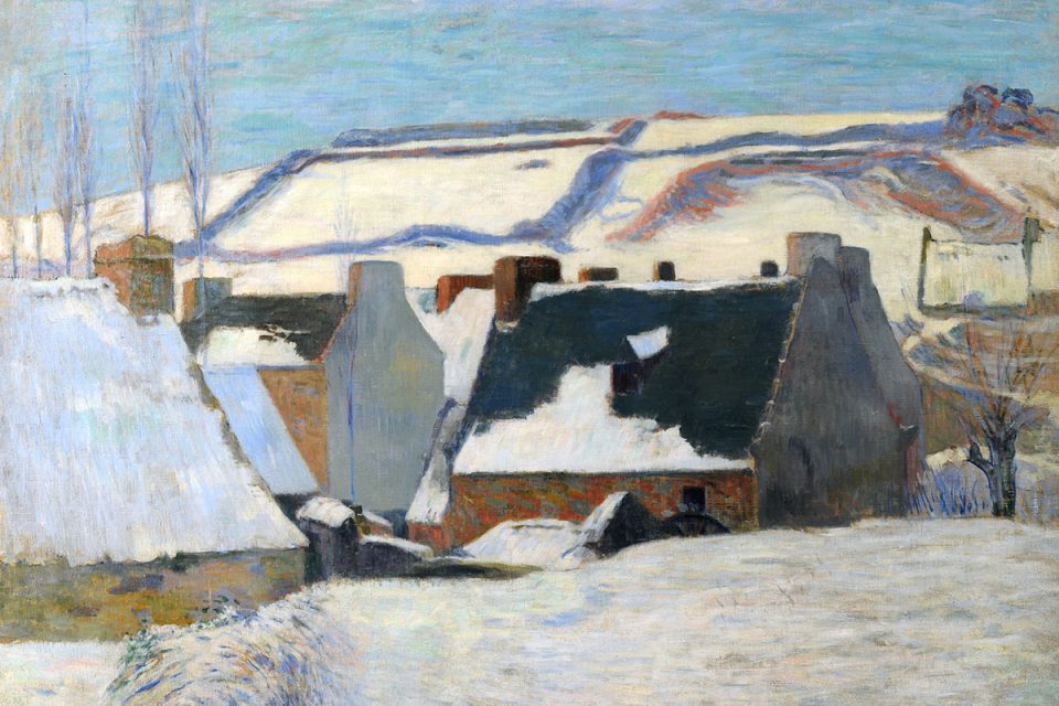 Målning i olja av ett vinterlandskap med hustak och i bakgrunden snötäckta kullar.