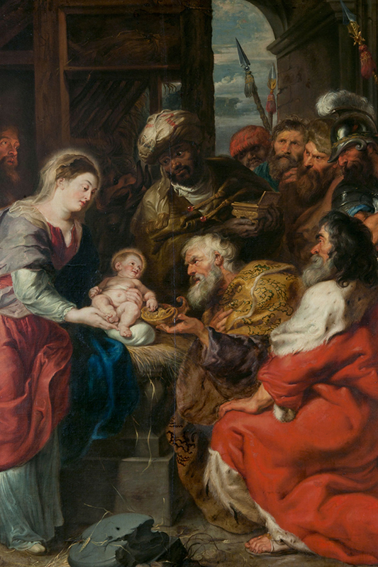 Målning av Jesusbarnet omgiven av Josef, Maria, de tre vise männen med flera. Vissa har dyrbara kläder.
