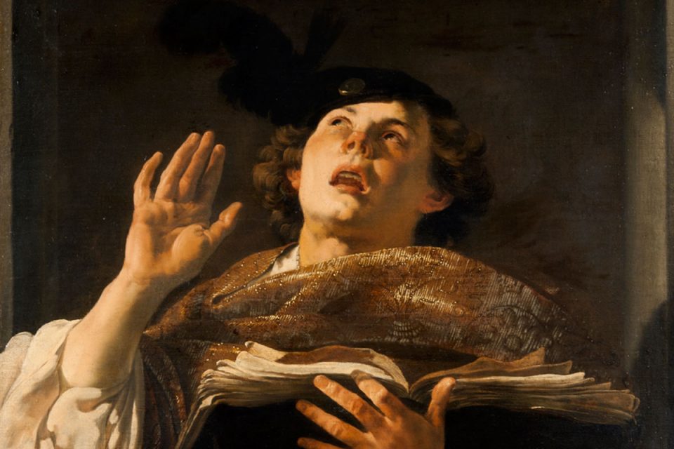 Dramatiskt porträtt i olja av en person som sjunger med ena handen lyft och blicken riktad uppåt.