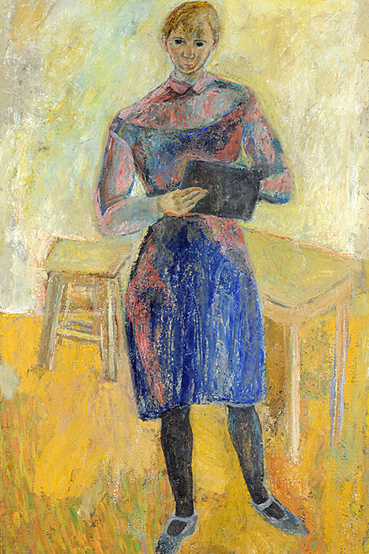 Målning av stående kvinna i blå klänning mot gul bakgrund.