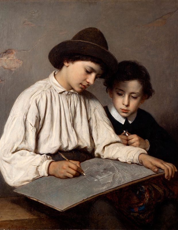 Oljemålning av två pojkar, den äldre i vit skjorta och hatt skisser medan en yngre tittar på över axeln.