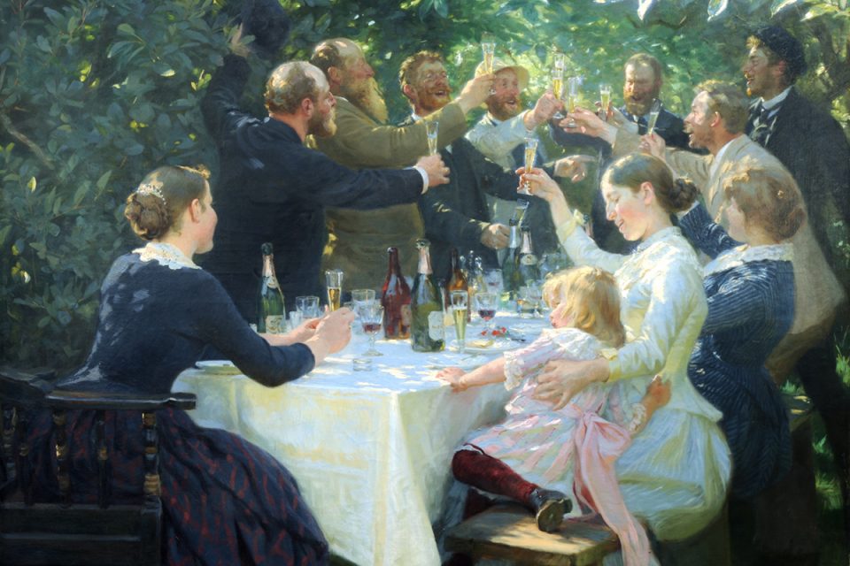 Målning av ett festligt sällskap som skålar i champagne i en berså.