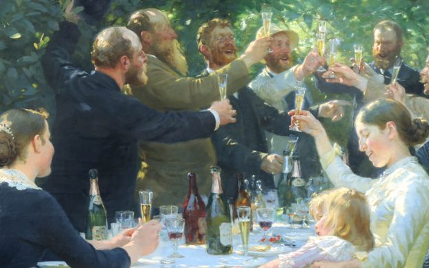 Målning av ett festligt sällskap som skålar i champagne i en berså.