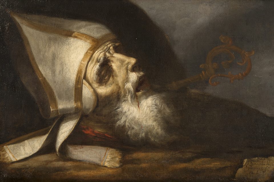 Oljemålning i mörka färger av en död biskops huvud, med vit huvudbonad.