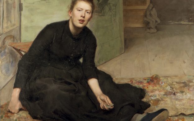 Oljemålning av kvinna i svart, heltäckande klänning, sittandes på golvet med avslappnad stil.