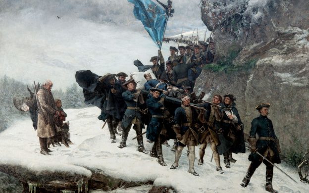 Målning av Karl XIIs likfärd där ett tiotal män tågar på snöig väg intill klippor.