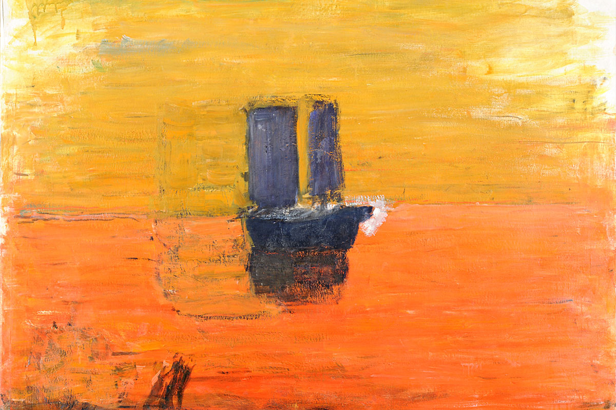 Oljemålning av blått skepp i enkel utformning,. Centrerad horisont delar av gul himmel och vatten i orange.