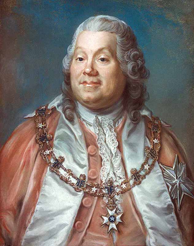 Porträttmålning från 1700-talet av hovkanslern Nils Barck klädd i skära överdel, skjorta med kråsad krage, dyrbara juveler och lockigt hår.