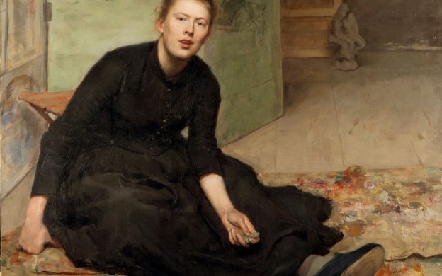 Oljemålning av kvinna i svart, heltäckande klänning, sittandes på golvet med avslappnad stil.