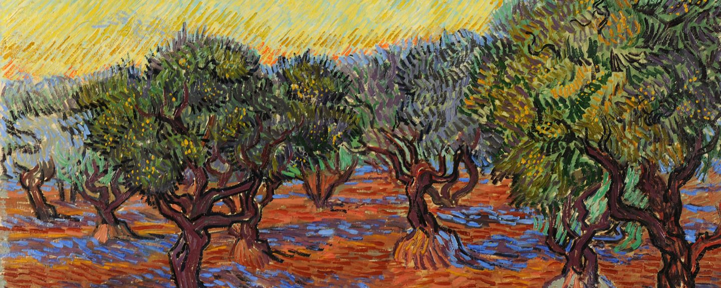 Oljemålning i intensiva färger med korta penseldrag som föreställer krokiga olivträd.