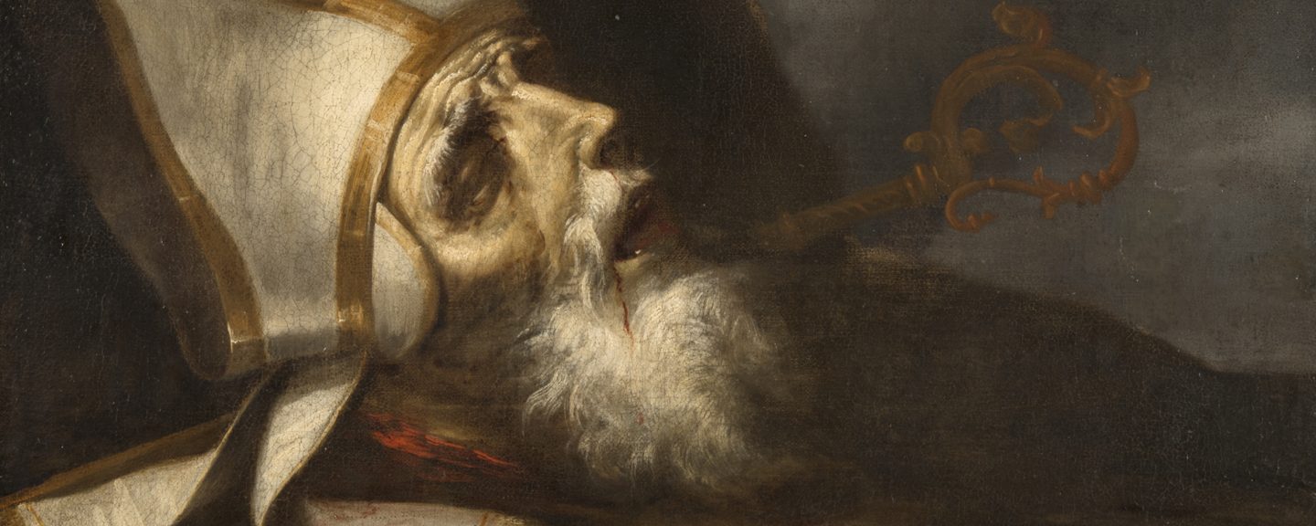 Oljemålning i mörka färger av en död biskops huvud, med vit huvudbonad.