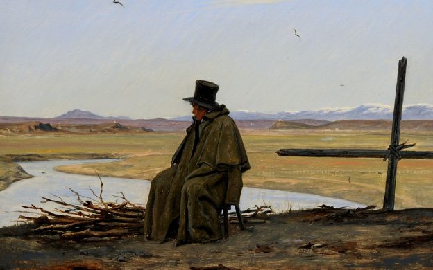 Målning av en sittande man i hög hatt och rock som blickar ut över ett kargt landskap.