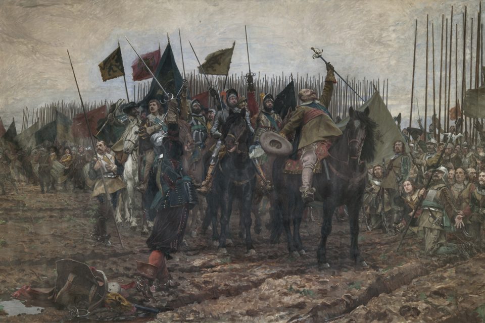 Målning av soldater i samlad trupp på hästar före slaget vid Lützen