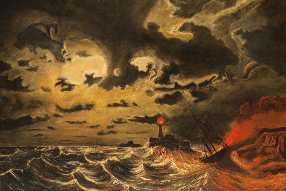 Målning av en brinnande ångbåt på ett stormande hav. Havet är rött och i himlen finns ett starkt ljus bland de mörka molnen.