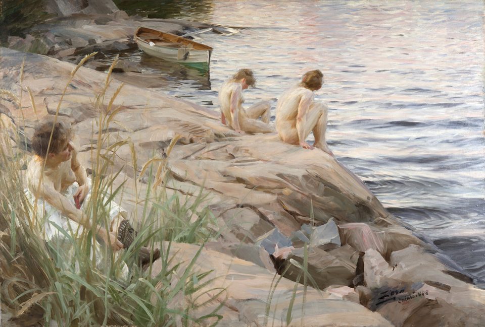Målning av nakna människor på klippor vid hav i milt sommarljus.