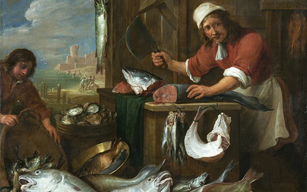 Målning från 1600-talet av en fiskaffär med mycket fisk huller om buller. En person styckar en fisk.