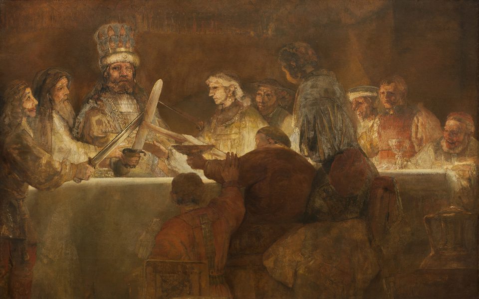 Målning i bruna nyanser av en grupp personer runt ett bord. Några höjer sina svärd mot ledaren i krona.