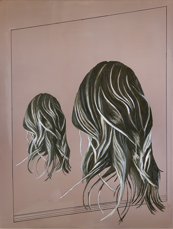 Målning i bruna nyanser av två likadana hårsvall sett bakifrån.