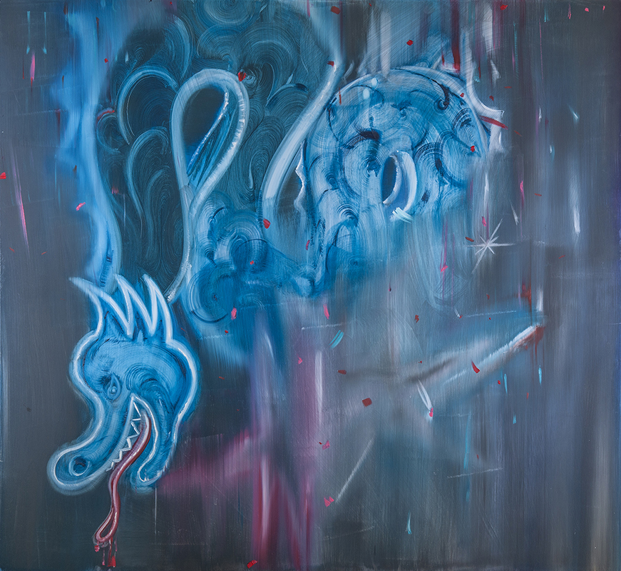 Målning i blå och lila nyanser av en drake.