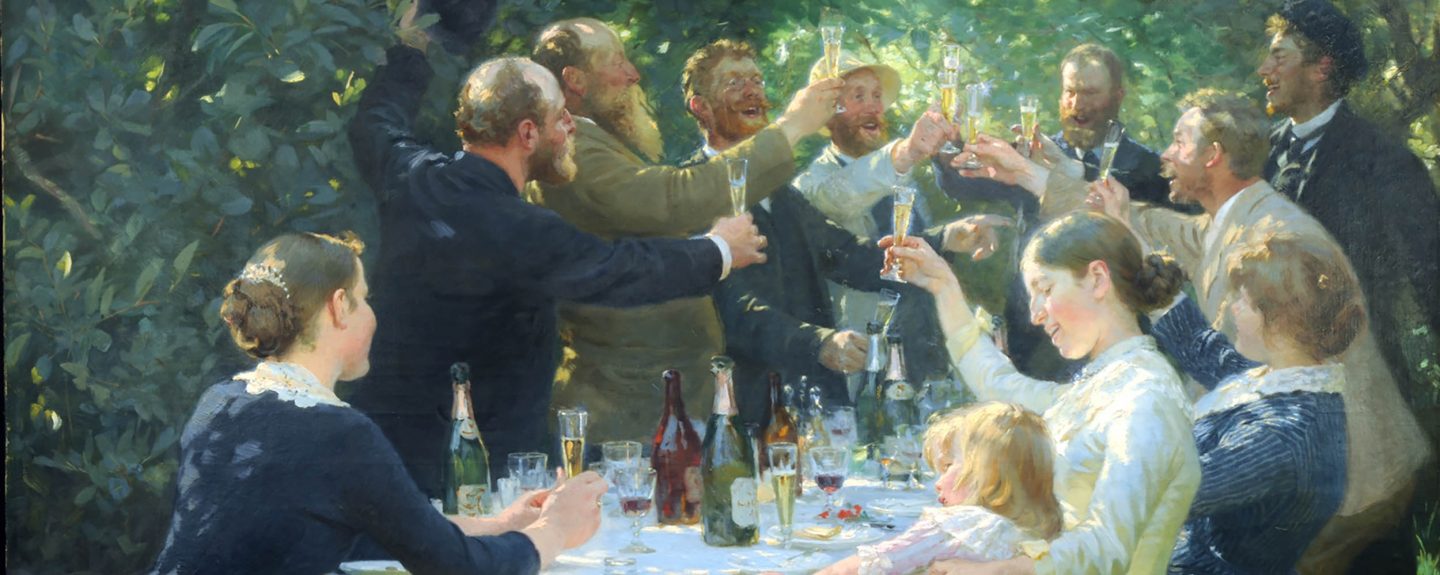 Målning av ett festligt sällskap som skålar i champagne i en berså.